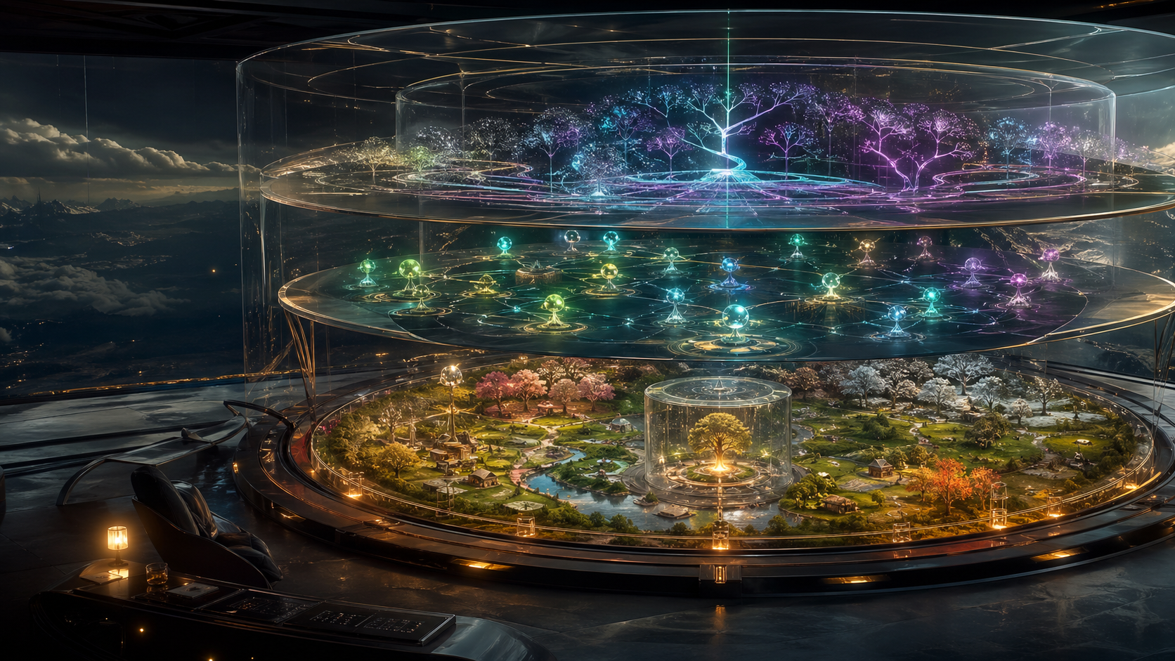 Abstract layered Joy Colony system with a safe lower world, cognitive layer, and observation layer.